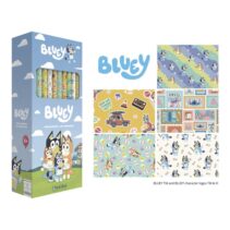 Safta Bluey Ready Expositor con 50 Rollos de Papel Regalo - Medidas del Rollo 70x200cm - 5 Patrones Diferentes - 30.5x71x15.5cm - Colores Surtidos