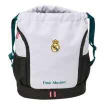 Safta Real Madrid Equipacion 26/27 Saco Mochila - Cremallera Bidireccional - Portabotellas - Hombreras de Cinta Ajustables - Compartimento Inferior - 35x40x1cm - Color Blanco y Negro