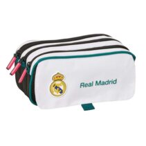 Safta Real Madrid Equipacion 26/27 Portatodo - 3 Compartimentos con Cremallera - Cinta Trasera Adaptable - Bolsillo Frontal de Rejilla con Velcro - 21.5x10x8cm - Color Blanco y Negro