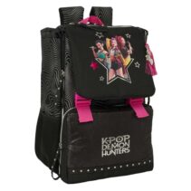 Safta K-Pop Demon Hunters Energy Mochila Extensible - Solapa - Cierre con Cordon - Portabotellas - Bolsillo Frontal - Detalles Reflectantes - Rejilla Antisudor - 18.5x41x15cm - Color Negro y Rosa