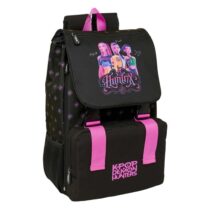 Safta K-Pop Demon Hunters Mochila Extensible - Solapa - Cierre con Cordon - Portabotellas - Bolsillo Frontal - Detalles Reflectantes - Rejilla Antisudor - 18.5x41x15cm - Color Negro y Rosa