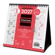 Finocam Neutro Calendario de Sobremesa - Anual 2027 - Mes Vista - Formato S - 190x190mm - Espiral Doble - Papel de 150g/m2 - Espacio para Escribir - Color Rojo y Blanco