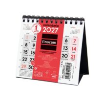 Finocam Neutro Calendario de Sobremesa - Anual 2027 - Mes Vista - Formato XXS - 110x100mm - Espiral Doble - Papel de 120g/m2 - Numeros Grandes - Color Rojo y Blanco