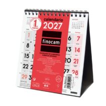 Finocam Neutro Calendario de Sobremesa - Anual 2027 - Mes Vista - Formato XS - 140x150mm - Espiral Doble - Papel de 120g/m2 - Numeros Grandes - Color Rojo y Blanco
