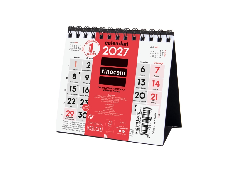 Finocam Neutro Calendario de Sobremesa en Catalan - Anual 2027 - Mes Vista - Formato XXS - 110x100mm - Espiral Doble - Papel de 120g/m2 - Numeros Grandes - Color Rojo y Blanco
