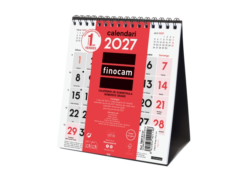 Finocam Neutro Calendario de Sobremesa en Catalan - Anual 2027 - Mes Vista - Formato XS - 140x150mm - Espiral Doble - Papel de 120g/m2 - Numeros Grandes - Color Rojo y Blanco
