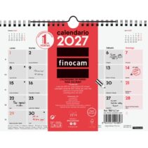 Finocam Neutro Calendario de Pared - Anual 2027 - Mes Vista - Formato S - 210x150mm - Espiral Doble - Papel de 120g/m2 - Espacio para Escribir - Color Rojo y Blanco