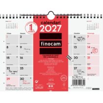 Finocam Neutro Calendario de Pared en Catalan - Anual 2027 - Mes Vista - Formato S - 210x150mm - Espiral Doble - Papel de 120g/m2 - Espacio para Escribir - Color Rojo y Blanco