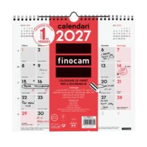 Finocam Neutro Calendario de Pared en Catalan - Anual 2027 - Mes Vista - Formato M - 265x245mm - Espiral Doble - Papel de 120g/m2 - Espacio para Escribir - Color Rojo y Blanco