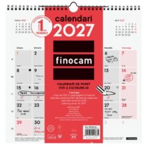 Finocam Neutro Calendario de Pared en Catalan - Anual 2027 - Mes Vista - 300x300mm - Espiral Doble - Papel de 120g/m2 - Espacio para Escribir - Color Rojo y Blanco