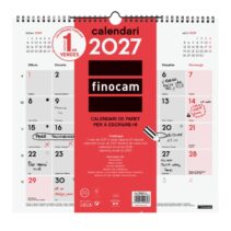 Finocam Neutro Calendario de Pared en Catalan - Anual 2027 - Mes Vista - Formato L - 340x320mm - Espiral Doble - Papel de 120g/m2 - Espacio para Escribir - Color Rojo y Blanco
