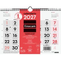 Finocam Neutro Calendario de Pared - Anual 2027 - Mes Vista - Formato S - 210x150mm - Espiral Doble - Papel de 120g/m2 - Numeros Grandes - Color Rojo y Blanco