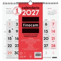 Finocam Neutro Calendario de Pared - Anual 2027 - Mes Vista - 300x300mm - Espiral Doble - Papel de 120g/m2 - Numeros Grandes - Color Rojo y Blanco
