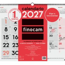 Finocam Neutro Calendario de Pared - Anual 2027 - Mes Vista - Formato XL - 540x420mm - Espiral Doble - Papel de 135g/m2 - Espacio para Escribir - Numeros Grandes - Color Rojo y Blanco
