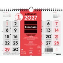 Finocam Neutro Calendario de Pared en Catalan - Anual 2027 - Mes Vista - Formato S - 210x150mm - Espiral Doble - Papel de 120g/m2 - Numeros Grandes - Color Rojo y Blanco