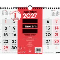 Finocam Neutro Calendario de Pared en Catalan - Anual 2027 - Mes Vista - Formato M - 300x210mm - Espiral Doble - Papel de 120g/m2 - Numeros Grandes - Color Rojo y Blanco