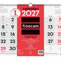 Finocam Neutro Calendario de Pared en Catalan - Anual 2027 - Mes Vista - Formato L - 430x310mm - Espiral Doble - Papel de 120g/m2 - Numeros Grandes - Color Rojo y Blanco