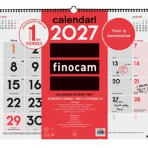 Finocam Neutro Calendario de Pared en Catalan - Anual 2027 - Mes Vista - Formato XL - 540x420mm - Espiral Doble - Papel de 135g/m2 - Espacio para Escribir - Numeros Grandes - Color Rojo y Blanco