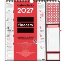 Finocam Neutro Calendario de Pared - Anual 2027 - Mes Vista - 300x340mm - Espiral Doble - Papel de 140g/m2 - Espacio para Escribir - Pegatinas Tematicas - Color Rojo y Blanco