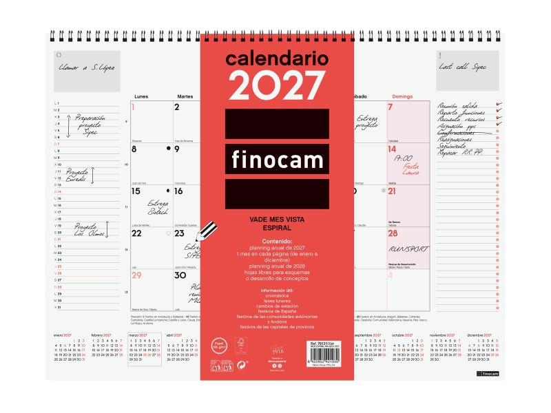 Finocam Neutro Vade Calendario - Anual 2027 - Mes Vista - 420x310mm - Espiral Doble - Papel de 150g/m2 - Espacio para Escribir - Color Rojo y Blanco