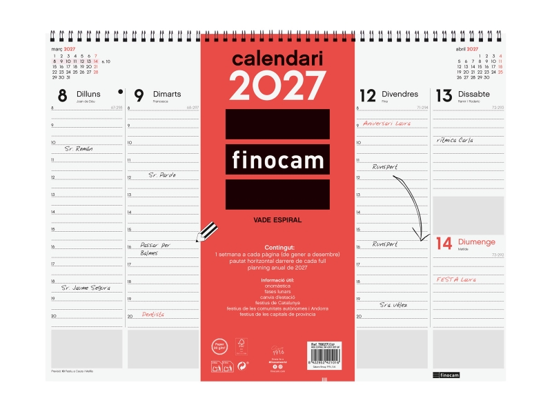 Finocam Neutro Vade Calendario en Catalan - Anual 2027 - Semana Vista Vertical - 420x310mm - Espiral Doble - Papel de 90g/m2 - Espacio para Notas - Tapas de Polipropileno - Color Rojo y Blanco