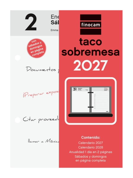 Finocam Neutro Taco Calendario de Sobremesa - Anual 2027 - 2 Paginas por Dia - 85x120mm - Papel de 70g/m2 - Color Rojo y Blanco