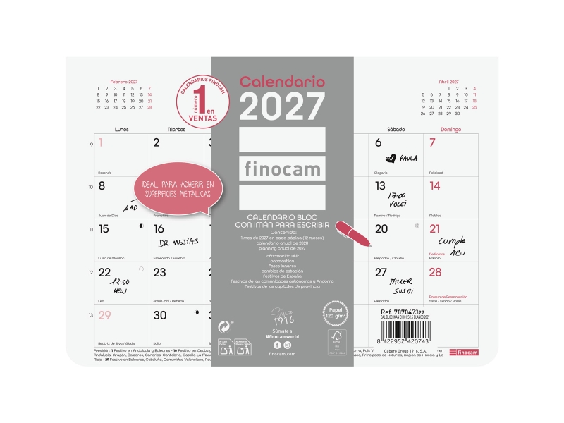 Finocam Trendy Chic Calendario con Iman - Anual 2027 - Mes Vista - Formato S - 210x150mm - Encolado - Papel de 120g/m2 - Espacio para Escribir - Color Blanco