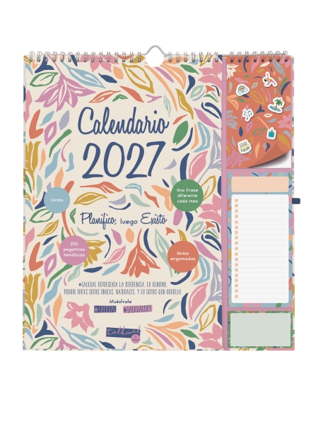 Finocam Talkual Calendario de Pared - Anual 2027 - Mes Vista - 300x340mm - Espiral Doble - Papel de 140g/m2 - Espacio para Escribir - Pegatinas Tematicas