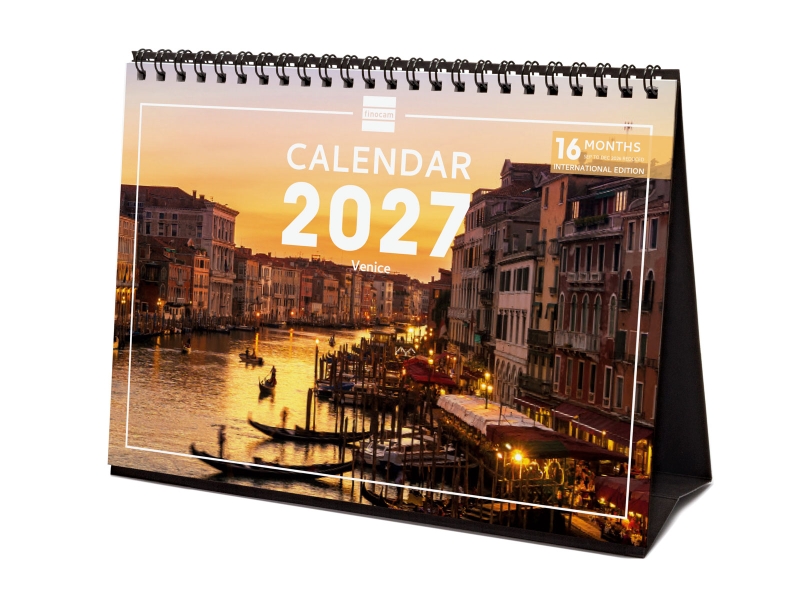 Finocam Venecia Calendario de Sobremesa Internacional - 16 Meses 26/27 - Mes Vista - Formato S - 210x150mm - Espiral Doble - Papel de 170g/m2 - Imagenes Tematicas Surtidas - Multilenguaje