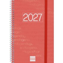 Finocam Espiral Basics Year Agenda en Catalan - Anual 2027 - Semana Vista Horizontal - Formato E5 - 117x181mm - Goma Elastica - Tapa de Polipropileno - Esquinas Microperforadas - Papel 80g/m2 - Color Rojo