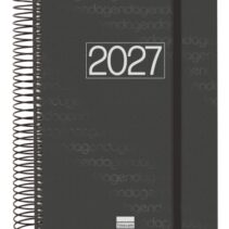 Finocam Espiral Basics Year Agenda en Catalan - Anual 2027 - 1 Dia por Pagina - Formato E10 - 155x212mm - Goma Elastica - Tapa de Polipropileno - Esquinas Microperforadas - Papel de 70g/m2 - Color Negro