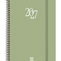 Finocam Espiral Basics My Agenda en Catalan - Anual 2027 - Semana Vista Horizontal - 155x212mm - Goma Elastica - Tapa Dura de Carton Forrado - Esquinas Microperforadas - Papel de 80g/m2 - Color Verde