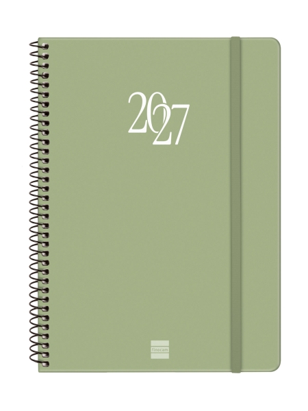 Finocam Espiral Basics My Agenda en Catalan - Anual 2027 - Semana Vista Horizontal - 155x212mm - Goma Elastica - Tapa Dura de Carton Forrado - Esquinas Microperforadas - Papel de 80g/m2 - Color Verde