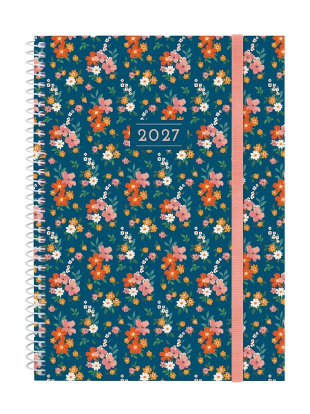 Finocam Trendy Design Collection Flora Agenda - Anual 2027 - Semana Vista Horizontal - Formato E10 - 155x212mm - Espiral - Tapa de Polipropileno - Esquinas Microperforadas - Papel de 80g/m2 - Multicolor