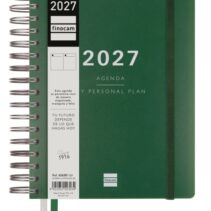 Finocam Tempus Agenda - Anual 2027 - 1 Dia por Pagina - 155x217mm - Espiral Doble - Tapa Extradura de Polipropileno - 2 Cintas Marcapaginas - Papel Crema de 80g/m2 - Color Verde