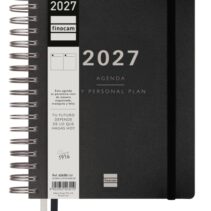 Finocam Tempus Agenda - Anual 2027 - 1 Dia por Pagina - 155x217mm - Espiral Doble - Tapa Extradura de Polipropileno - 2 Cintas Marcapaginas - Papel Crema de 80g/m2 - Color Negro