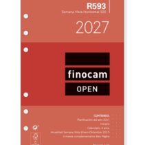 Finocam R593 Recambio para Agenda Open - Anual 2027 - Semana Vista Horizontal - Formato 500 - 117x181mm - 6 Taladros - Papel de 80g/m2 - Color Blanco