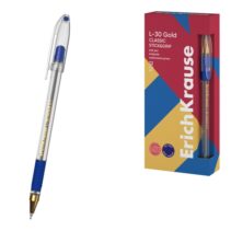 ErichKrause L-30 Gold Stick and Grip Classic Boligrafo con Capuchon - Punta de Aguja 0.7mm - Cuerpo Transparente - Trazo 0.26mm - Zona de Agarre de Goma - Tinta de Secado Rapido - Tapa Ventilada - Color Azul