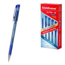 ErichKrause ULTRA-30 Stick and Grip Original Boligrafo con Capuchon - Punta de Aguja 0.7mm - Cuerpo Transparente - Trazo 0.26mm - Zona de Agarre de Goma - Tinta de Baja Viscosidad - Color Azul