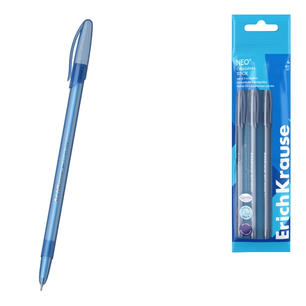 ErichKrause Neo Stick Original Pack de 4 Boligrafos con Capuchon - Punta de Aguja 0.7mm - Cuerpo Transparente - Trazo 0.26mm - Tinta de Baja Viscosidad - Tapa Ventilada - Color Azul