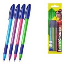 ErichKrause U-109 Stick and Grip Neon Pack de 4 Boligrafos con Capuchon - Modelos Surtidos - Trazo 0.3mm - Zona de Agarre de Goma - Tinta de Baja Viscosidad - Tapa Ventilada - Color Azul