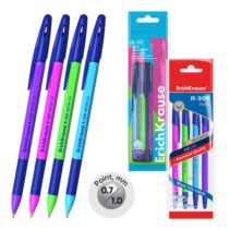 ErichKrause R-301 Stick and Grip Neon Pack de 4 Boligrafos con Capuchon - Modelos Surtidos - Trazo 0.5mm - Zona de Agarre de Goma - Tinta de Secado Rapido - Tapa Ventilada - Color Azul