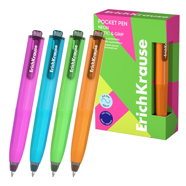 ErichKrause Pocket Pen Matic and Grip Neon Boligrafo Retractil - Modelos de Cuerpo Surtidos - Trazo 0.4mm - Zona de Agarre de Goma - Color Azul