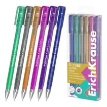 ErichKrause G-Cube Stick Glitter Pack de 6 Boligrafos con Capuchon - Punta de 1.0mm - Trazo 0.9mm - Tapa Ventilada - Colores Surtidos