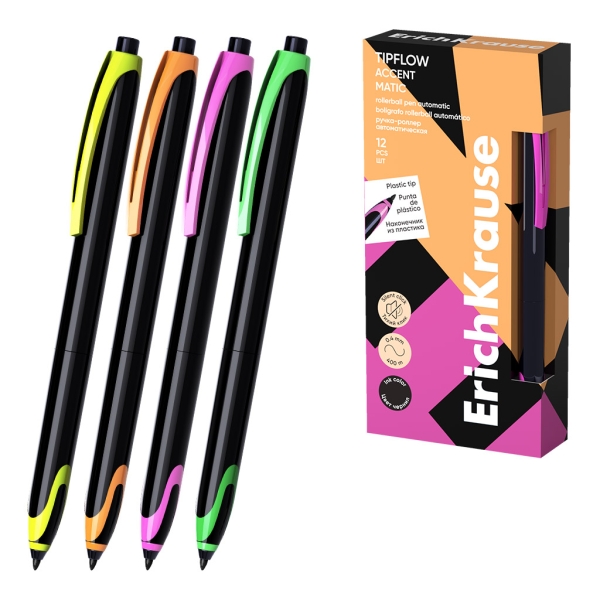 ErichKrause TipFlow Matic Accent Boligrafo Retractil - Modelos de Cuerpo Surtidos - Trazo 0.4mm - Color Negro