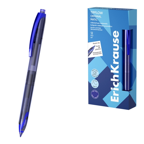 ErichKrause TipFlow Matic Original Boligrafo Retractil - Punta de 0.5mm - Cuerpo Transparente - Trazo 0.4mm - Color Azul