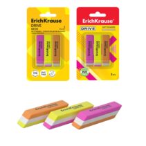 ErichKrause Drive Neon Pack de 3 Gomas de Borrar - Caucho Termoplastico - Hipoalergenico - No Deja Residuos - Libre de PVC - Colores Surtidos