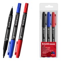 ErichKrause Double P-80 Pack de 3 Rotuladores Permanentes - Punta de Bala de 1.65mm - Punta de Aguja de 0.45mm - Resistente al Agua y a la Luz - Multisuperficie - Cuerpo Redondo - Colores Surtidos