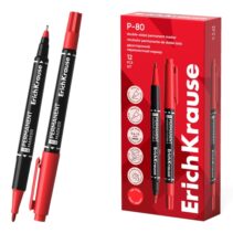 ErichKrause Double P-80 Rotulador Permanente Doble - Punta de Bala de 1.65mm - Punta de Aguja de 0.45mm - Resistente al Agua y a la Luz - Multisuperficie - Cuerpo Redondo - Color Rojo