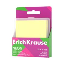 ErichKrause Neon Bloc de 80 Notas Adhesivas Reposicionables - Papel de 75g/m2 - 75x75mm - Caja de Plastico - Pegamento a Base de Agua - Color Amarillo